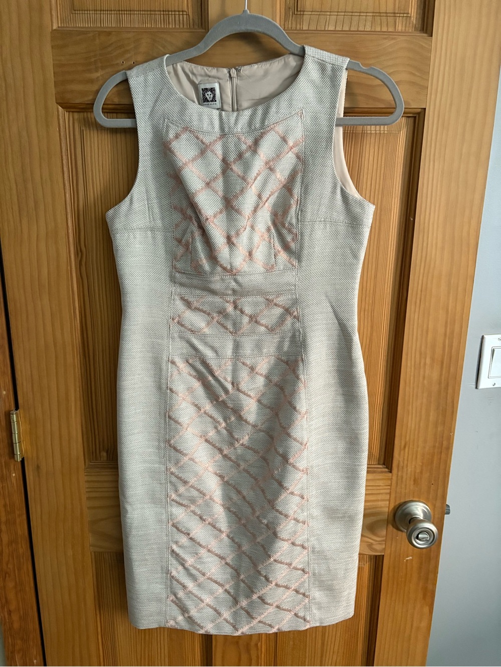 Anne Klein Cream Midi Sheath Dress with Pink Lattice Detail